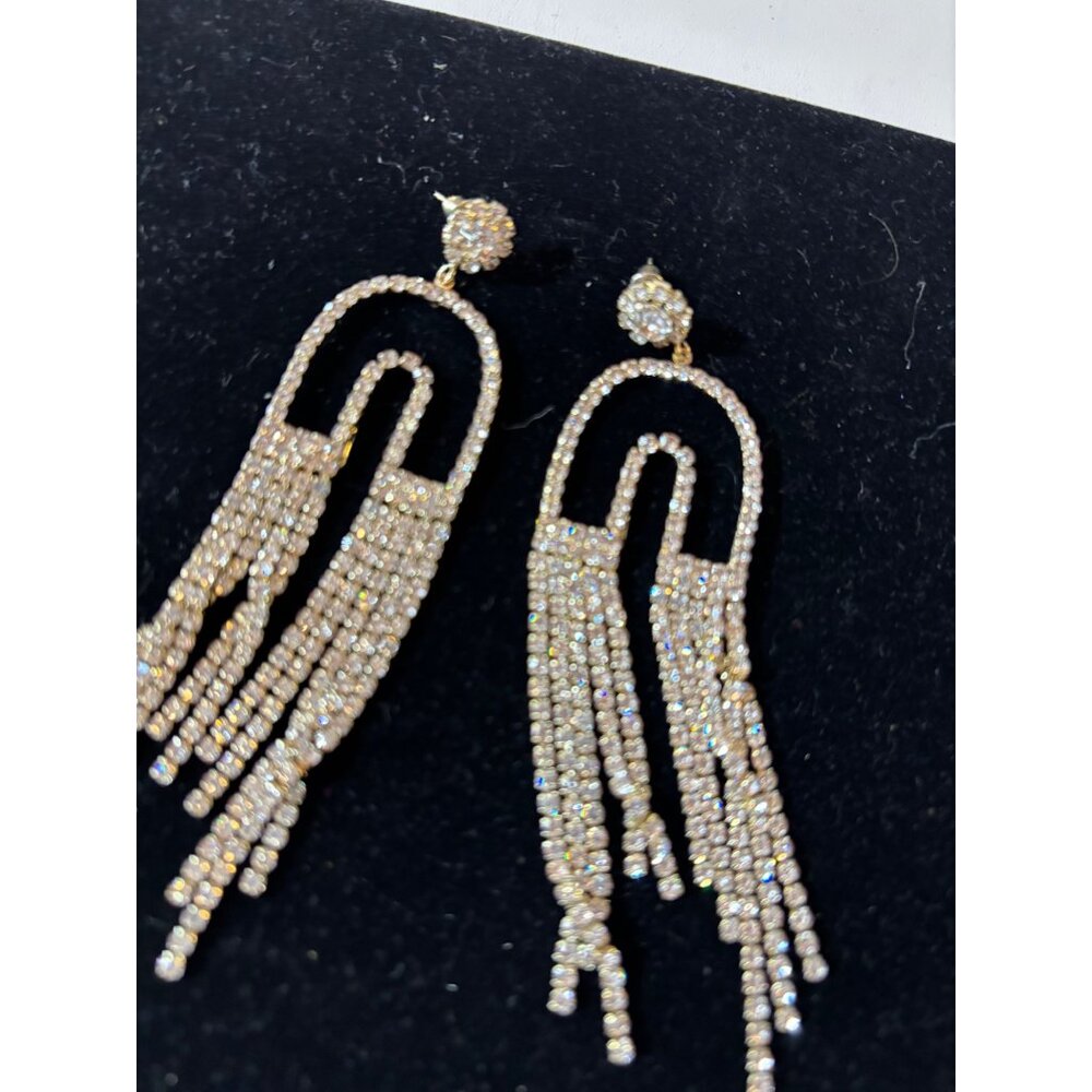 Gold & Rhinestone Statement Dangle Earrings With Fringe Detailing